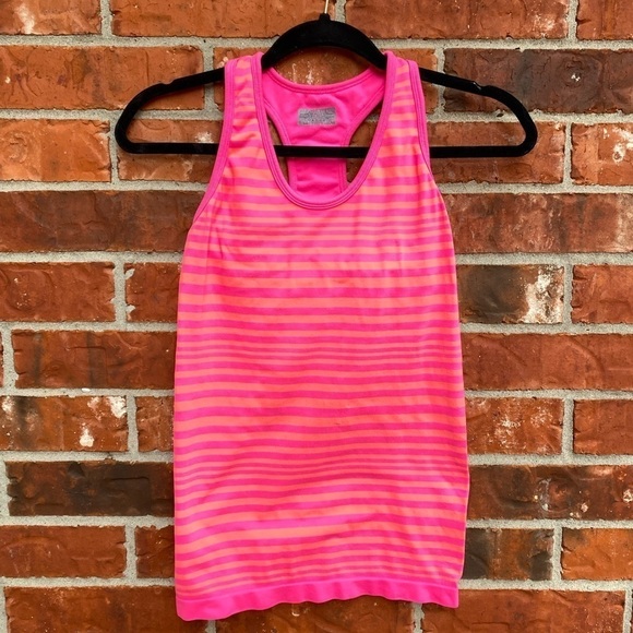 Athleta Womens XS Neon Pink Stripe Built In Shelf Bra Racerback Active Tank Top - Picture 1 of 8